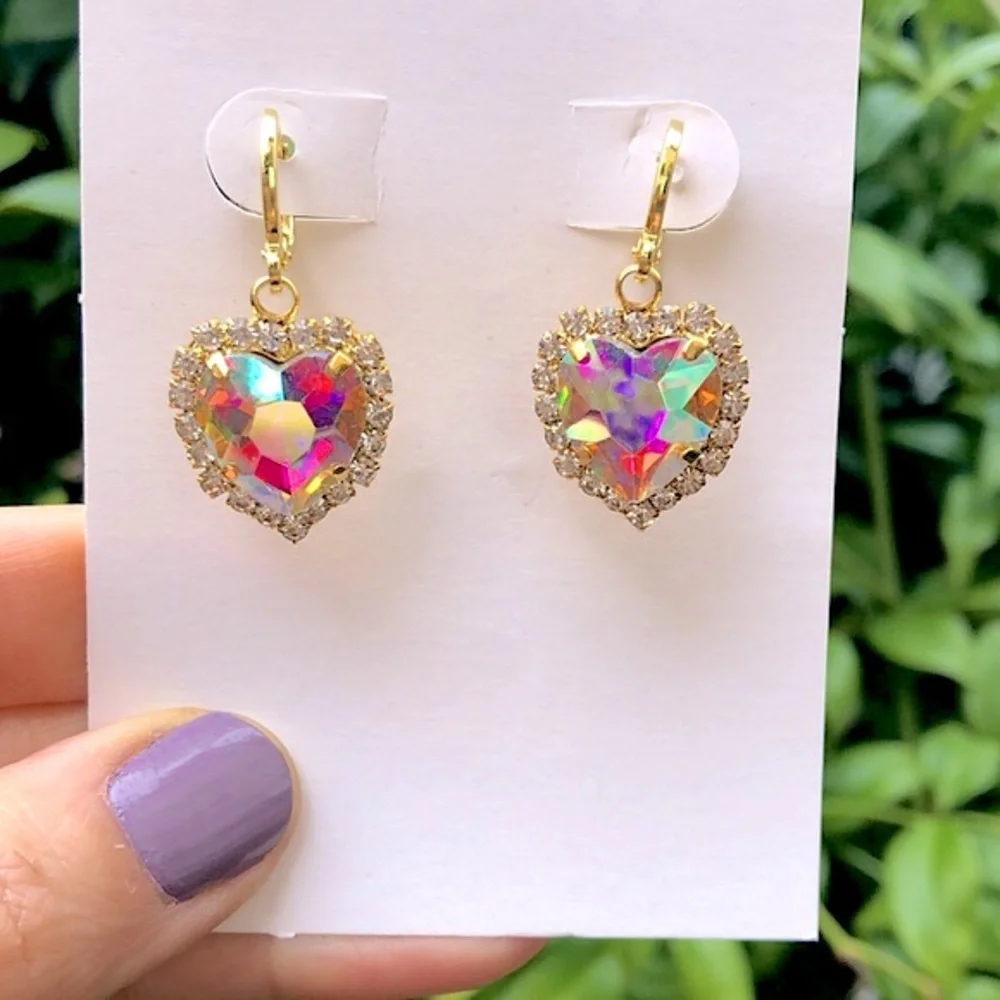 Aurora Borealis Heart Crystal Halo Drop Earrings